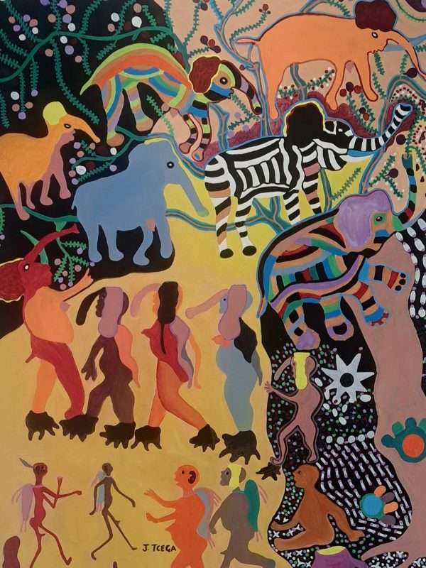 A vibrant, colorful painting by J. Tcega depicting San cultural elements, human figures, and stylized animals in a dreamlike composition.