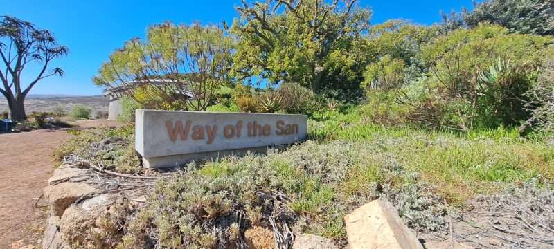 A stone sign reading "Way of the San" at !Khwa ttu, surrounded by indigenous vegetation under a clear blue sky.